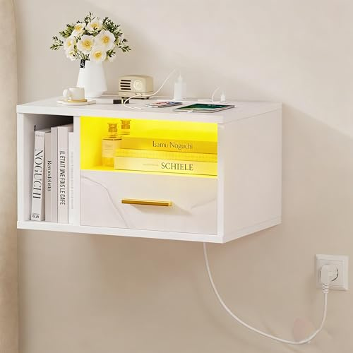 HaodaCulture Nachttisch wandmontage, Nachtschrank weiß mit led, Offenes Fach Und Einer Schublade, 2 USB Anschlüsse, 2 Steckdosen, 16 Farben LED Nachttisch mit Ladestation 46.5x30x25.5cm