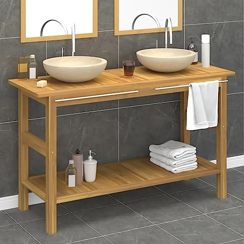 GeenYuu Mobile sottolavabo in legno di teak massiccio con 2 bacini in marmo color crema, 132 x 45 x 75 cm, mobile da bagno con vano portaoggetti, portasciugamani e robusto lavandino per bagno e WC