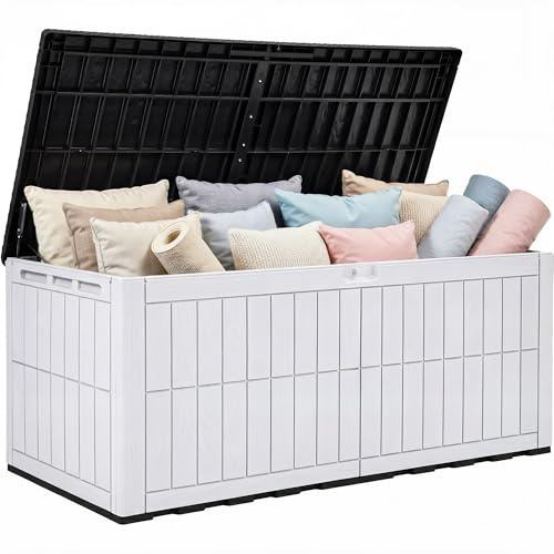 YITAHOME 833L Auflagenbox Wasserdicht, Große Gartenbox mit Schloss & Gasdruckfeder, Kissenbox mit Sitzfunktion bis 300 kg, Wetterfeste Resin Gartentruhe, UV-beständig & Belüftet, Schwarzer& Weißer