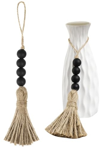 Adorno Colgante Negro, de Cuentas de Madera con Borla, 2 Piezas | Estilo Pastoral, para Oficina y Hogar, Fácil de Colgar, Detalles de Cuentas y Flecos