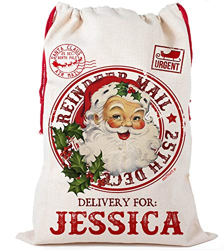 KRAFTYGIFTS Personalised Vintage Santa Sack Retro Christmas Sack Stocking Xmas Present Bag Mail Post NS034 (Small)