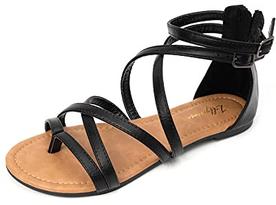 Luffymomo Women's Gladiator Strap Sandals Flat Fisherman Thong Cross Strappy Sandals（11 M US BLACK）