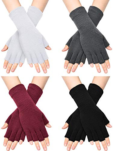 SATINIOR 4 Pairs Winter Fingerless Gloves for Women Half Finger Typing Gloves with Long Wrist Cuff Knit Fingerless Mittens for Women (Black,White,Dark Grey,Wine Red)