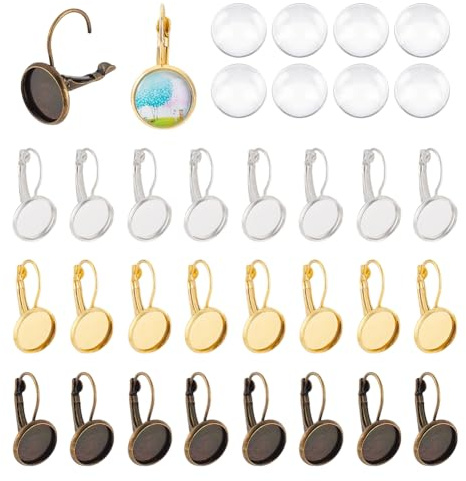 PandaHall 30 Sätze Leverback Ohrring Rohlinge Kit, 30 stücke Französisch Hebel Ohrringe Zurück Ohrringe Lünette Tabletts mit 40 stücke 12mm Klarglas Cabochons für DIY Ohrringherstellung Schmuck Machen
