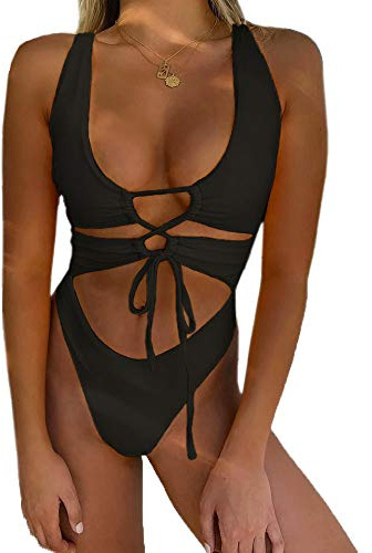 CHYRII Women's Black Sexy Cutout Lace Up Backless High Cut One Piece Swimsuit Monokini M