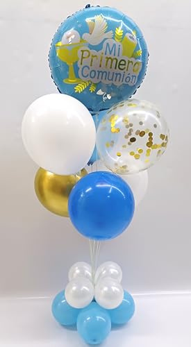 Centro de mesa para comunión reutilizable formado por globos de látex y poliamida especial para decoración de Comuniones.Tamaño 120 cm (Niño)
