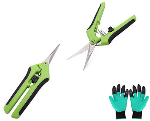 Hovico Gartenschere aus Stahl, 2 Stück, Edelstahl-Klingen, Handschere, 1 gerade und 1 gebogene Klinge, Gartenschere mit schützenden Gartenhandschuhen