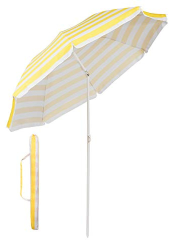 Sekey® Parasol Ø 160 cm inclinable pour Patio Jardin Balcon Piscine Plage Rond Sunscreen UV20+ (Rayures jaunes blanches)