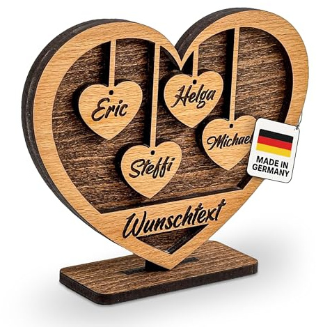 DARO Design - Herz mit Gravur aus Holz - Wunschtext und 4 Namen - Geschenk für Eltern, Großeltern, Oma, Opa, Enkel, Freunde, Liebe - Größe 15x12x4cm - Individuell, Persönlich