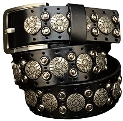 Metall Punk Rock Nietengürtel mit kreisförmiger Anordnung Niete 38 mm breit Lässiger Rindsleder Vintage Nieten Taillengürtel geeignet für Jeanshosen,Schwarz,115cm(38~40)