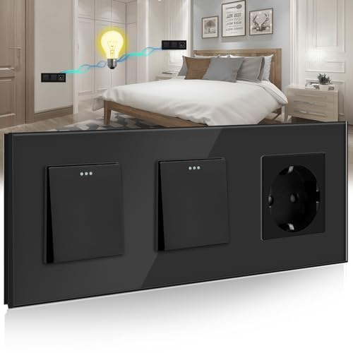 BSEED Doble Interruptor de pared con Enchufe,1 Gang 2 Vías Interruptor conmutador+16A Schuko Enchufe,10A Negro Interruptor de luz de botón pulsador con marco de cristal,Enchufes de pared para Cocina