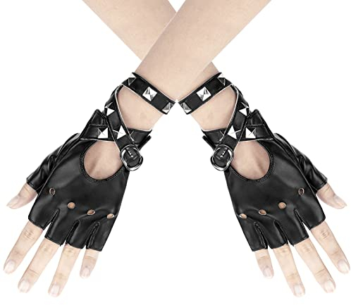 Newellsail 1 Paar Punk Handschuhe Nieten Halbfinger Handschuhe Fingerlose Rock Handschuhe Damen Mädchen Lederhandschuhe für Tanz, Hip Hop, Performance, Pole Dance, Cosplay, Party (Schwarz)