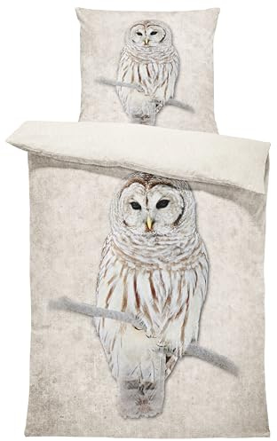 one-home Winter Bettwäsche Thermo Fleece Kuschelig Warme Bettbezüge Flauschig Warm Weich, Größe:2 teilig 135x200 cm, Farbe:Eule beige Natur