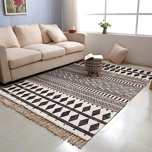 USTIDE Black & Cream Living Room Rug, Boho Runner Farmhouse Retro Shag Rag Rug Large Natural Cotton Accent Rug Washable (120x180cm, Black&White)