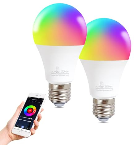 LED ATOMANT Confezione da 2 Lampadina LED Intelligente WiFi E27 8W RGB+CCT (Bianco Caldo, Neutro e Freddo), Dimmerabile, Equivalente a 90W tradizionali, Compatibile con Alexa e Google Home