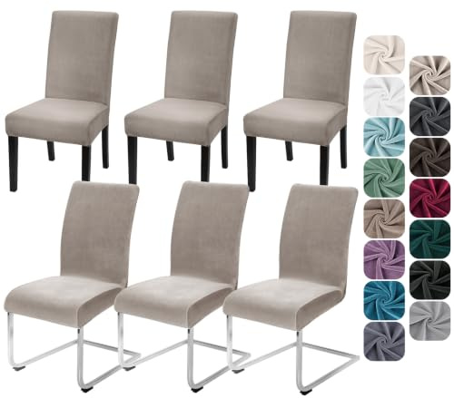 Alishomtll Dining Chair Covers Set of 6 Stretch Velvet Chair Covers for Dining Chairs Elastic Removable Chair Slipcovers Reusable Washable Chair Protector for Hotel Banquet Ceremony (Champagne, 6pcs)