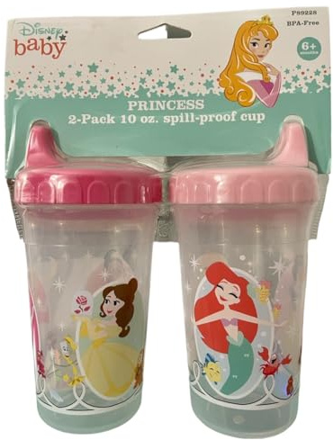 Vasos Infantiles Disney para Bebés y Niños Pequeños | Botella de Agua de Viaje Duradera a Prueba de Fugas | Vaso de Princesa de 10 Onzas (Paquete de 2), Color Rojo y Amarillo