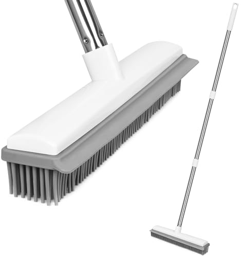 Rubber Broom, 2 in 1 Floor Rubber Brush with Squeegee, Adjustable Long Handle Rubber Broom Indoor Outdoor Soft Push Broom Carpet Sweeping Brush for Pet Cat Dog Hair Hardwood Tile Windows Clean