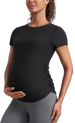 CRZ YOGA Cloudweight Maternity Shirts for Women Pregnancy Short Sleeve Side Ruched Tops Soft Workout Casual Athletic T-Shirt Black Large