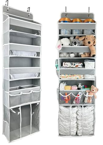 Door Hanging Storage Organizer,with 3 Bins 1 Movable Baby Diaper Caddy,1 Large capacity diaper stacking storage Organizer,10 Side Pockets ,Bedroom Door Storage for Nursery Baby Essentials.Grey 1 Pack.