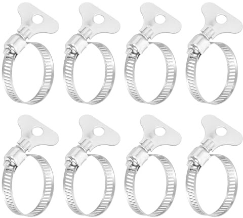 Sourcing Map 8Pcs Stainless Steel Hose Clamps, 18-32mm Worm Gear, Silver, Adjustable Thumb Screw Key Type, Fuel Line Clamps, Automotive