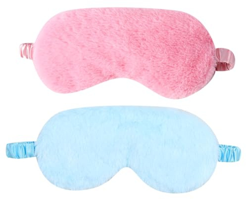 Elastische Plüsch-Augenmaske, weich, verstellbare Augenabdeckungen, pelzige Maske, Augenabdeckungen, flauschige Schlaf-Augenschatten, bequemer Schlaf-Augenbinde für Augenschutz, Rosa, Blau, 2 Stück