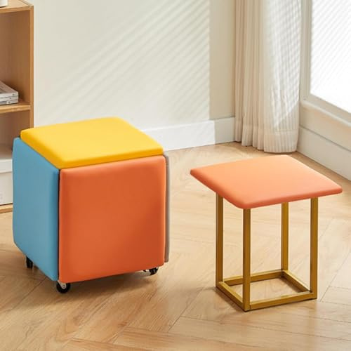 SZHJLAMP Cube Chair 5 in 1 Nesting Ottoman Cube Chair, Movable Stackable Stools with Wheels, Square Leather Foot Stool for Living Room Dining Room Colour 17.7