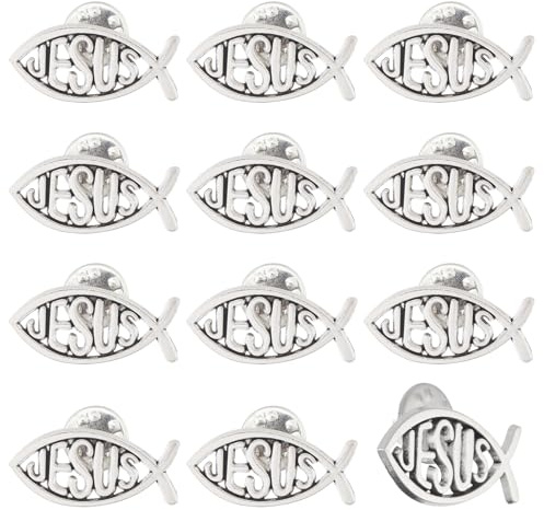 CHGCRAFT 12 Stück Jesus Fisch Brosche Legierung Pins Set Pin Mantel Shirt Anzug Kragen Zubehör Brosche Pin für Unisex, Antik Silber, 29.5×14mm