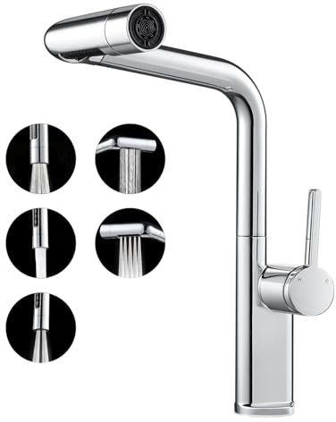 Warmiehomy 5 Modes Kitchen Taps Mixer with Pull Out Spray,High Arc 360° Swivel Dual Spout Pull Down Stainless Steel Kitchen Sink Taps,Chrome
