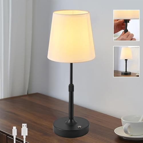 Kabellos Tischlampe Höhenverstellbar, Touch Control Nachttischlampe Stufenlos Dimmbar, 5200mAh Akku USB Aufladbar Tischleuchte, 2700K Warmes Licht Mit Stoffschirm Für Schlafzimmer, Wohnzimmer -Schwarz