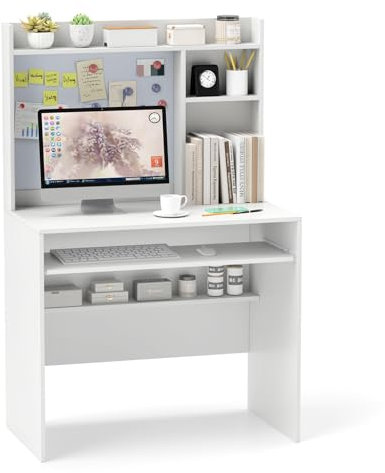 COSTWAY Schreibtisch mit magnetischer Pinnwand, Kleiner Computertisch mit Aufsatz, Tastaturablage & Verstellbarer Ablage, PC-Tisch, Bürotisch für Home Office, 89 x 50 x 138 cm, Weiß