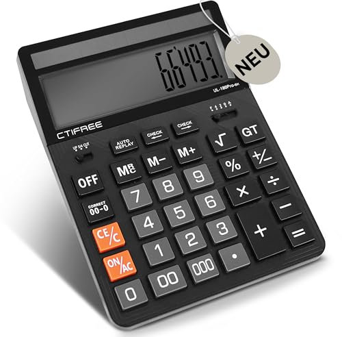 OfficeNest Tischrechner –Triple-Null (000) - Check-Funktion -14-stelliges großes Display - große Tasten - Solar & Batterie – Tisch-Taschenrechner für Büro - Buchhaltung - Schule - Senioren – Schwarz