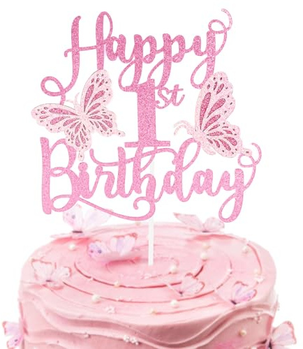 Personalised Pink 3D Butterfly Happy 1st Birthday Glitter Cake Toppers,Pink Butterfly Theme Cake Toppers for Cake Decorations Girls First Birthday Party Keepsakes