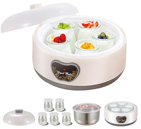 Probiotic Yoghurt Maker, Timer and Thermostat Control, 1.2 Litre Automatic Yoghurt Maker, Multifunctional Digital Electric Yoghurt Maker, Yoghurt Fermenter with 5 Glass Jars and 1 Stainless Steel