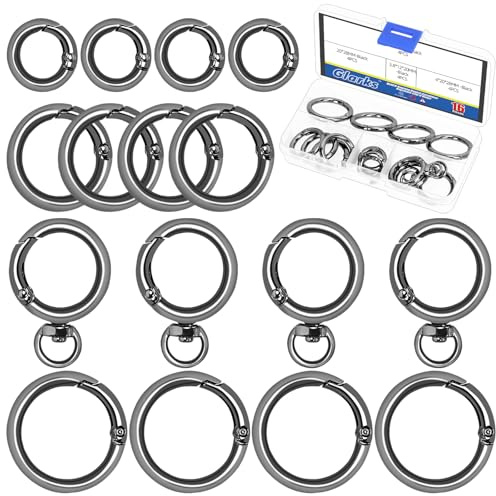 Glarks 16pcs 12/20/25mm Pistole schwarz runde Karabiner Clips Kit, 4 Größen Zinklegierung Schlüsselringe Karabiner, Schlüsselanhänger runde Karabiner Schlüsselanhänger Clip