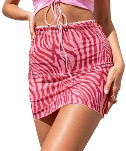 Auriselle Femme Mesh Imprimée Jupe Courte Sexy Taille Haute Mini Jupe Skater Double épaisseur Jupe Crayon Taille Élastique Minijupe Plus Étroite Club d'Été, Rose, L
