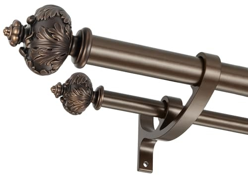 Lwiiom Heavy Duty Double Curtain Rod with Palm Leaves Finials and Aluminum Bouquet Brackets,Double Curtain Rods for Windows 36 to 72 Inches,1 Inch Front, 5/8 Inch Back Double Rods,Dark Bronze