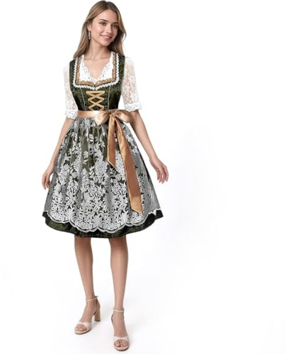 VICTERR Damen Dirndl, Midi Lang, Trachtenkleid, Trachtenrock, Dirndlbluse, Dirndlschürze, 3-teilig, Oktoberfest, Besondere Anlässe, Grün, Größe 36