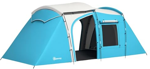 Outsunny Tente de Camping familiale pour 3-4 Personnes, Tente Tunnel avec 2 Chambres, 4 Portes et 4 fenêtres, Sac de Transport, imperméable, 460 x 220 x 175 cm, Bleu
