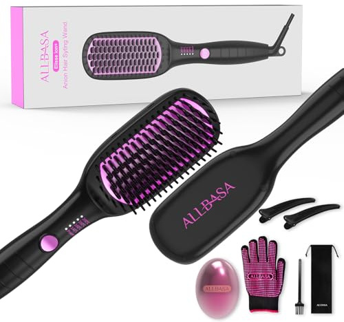ALLBASA Lisseur Cheveux Professionnel Brosse Lissante Pour Cheveux, 4 Température Réglages, 140℃-200℃, Fers à Lisser Négatifs Ions,Tous Types de Cheveux (Rose, Brosse Lissante)