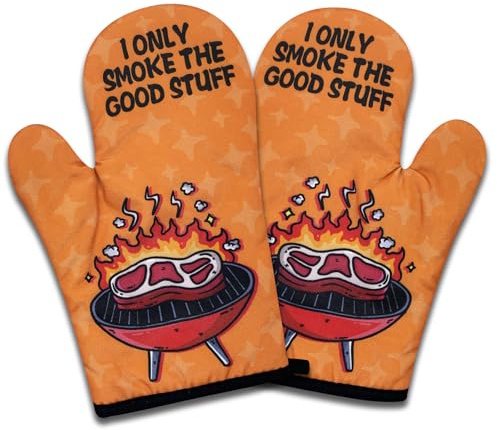 NAHMAKNE 2 Pack Funny BBQ Oven Mitts for Men, I Only Smoke The Good Stuff, Heat Resistant Non-Slip Mitts, Father's Day Gifts for Dad, Humor Grilling Cooking Gifts for Husband Chef Friend BBQ Lovers