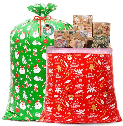 AhfuLife Extra Groß Weihnachten Geschenkbeutel mit Kordelzug, 2 Stück 142 x 92cm Weihnachtsgeschenkbeutel mit Geschenkanhänger Weihnachten für Schnell Weihnachtsgeschenke Verpacken, Weihnachtsbaumdeko