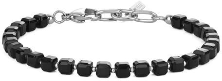 COAI Herrarmband i naturstenar och rostfritt stål, fyrkantiga halvädelstenar pärlor armband för män, 19+3cm, Sten, Onyx