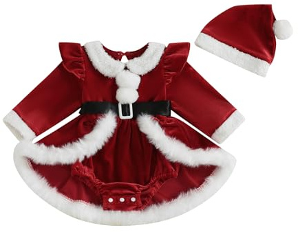 BYUSBAYA Baby Girl Christmas Outfit Santa Romper Dress Red Velvet Long Sleeve Princess Bodysuit Xmas Cute Fall Winter Clothes (Red, 6-9 Months)
