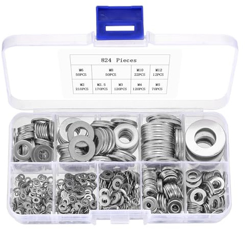 824 PcsWashers for Screws, Metal Washers Assorted, Stainless Steel Flat Penny Washers for Bolts and Nuts, M2 M2.5 M3 M4 M5 M6 M8 M10 M12 Washer Set for Automotive Factories Repair