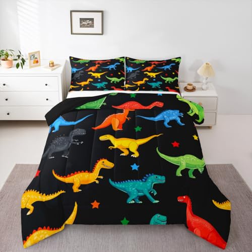 Feelyou Colorful Dinosaur Bedding Set Soft for Boys Girls, Jungle Dino Comforter Set Twin Size Dino Print Duvet Quilt Microfiber Wild Animal Bedroom Decor 2 Pcs with 1 Pillow Cases