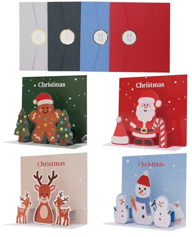 Julkort – papper | 4 stycken med kuvert | 3D-kort juldekorationer konstpapper | för barn, vuxna, vänner, kollegor, lärare, vadderade strumpor, välsignelser