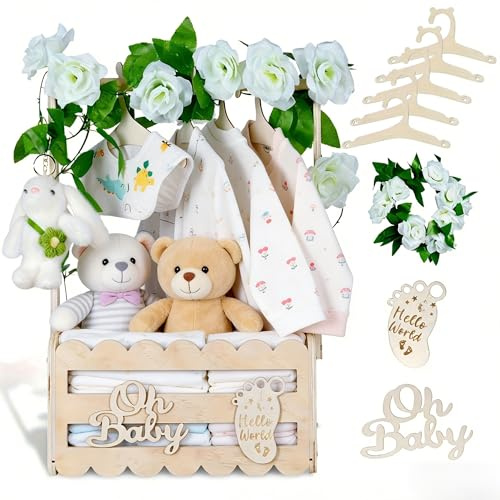 XQLY Wooden Shower Crate Closet with Handle, 5 Clothes Hangers, Artificial Garland, Boy Girl Welcome Gift Basket, Suitable for Christmas and New Years Gifts