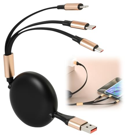 120W Retractable Multi Charger Cable 2 in 3, Fast Charging Cable USB A/C to PD/USB C/Micro B, Cord For Smartphones, Laptops, Tablets, Portable Travel Car Accessories, Tangle Free Black Gold 1.2M