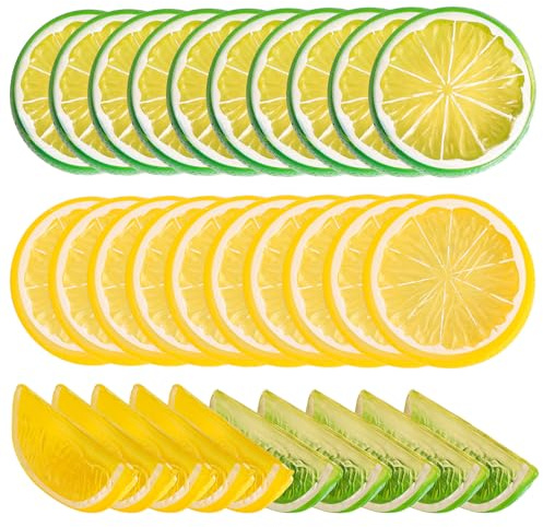 GomTrynxil 30 Stück Zitronen Deko Set, Künstliche Zitronen Limetten mit Scheiben Würfeln Gefälschte Früchte für Tisch Vase Küche Sommerparty DIY Fotografie Requisiten